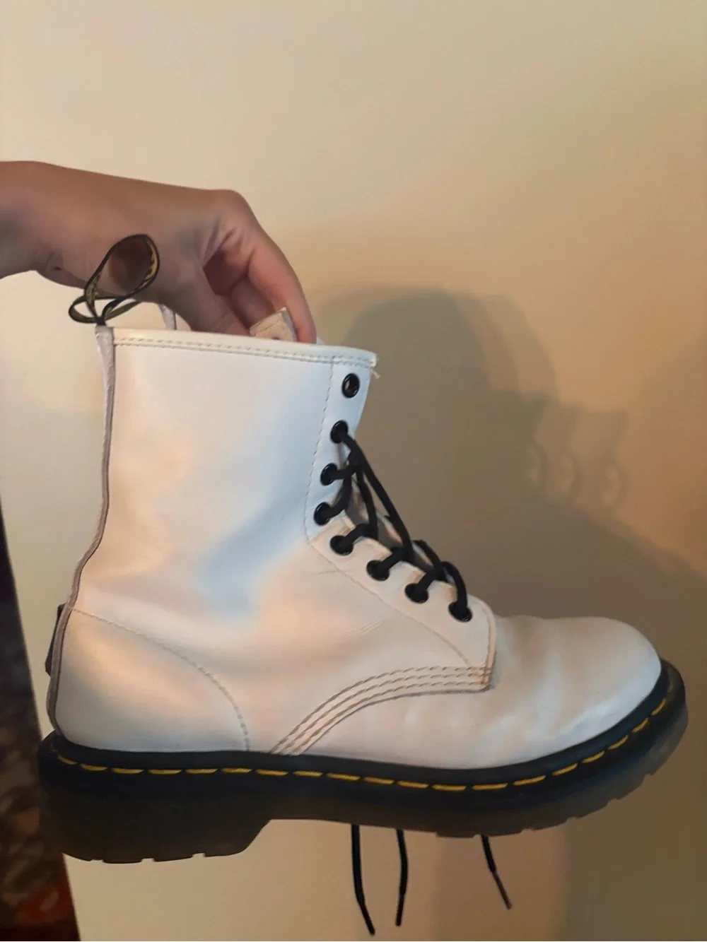Dr. Martens White Leather Lace-Up Combat Boots with Black Laces - Picture 4 of 6